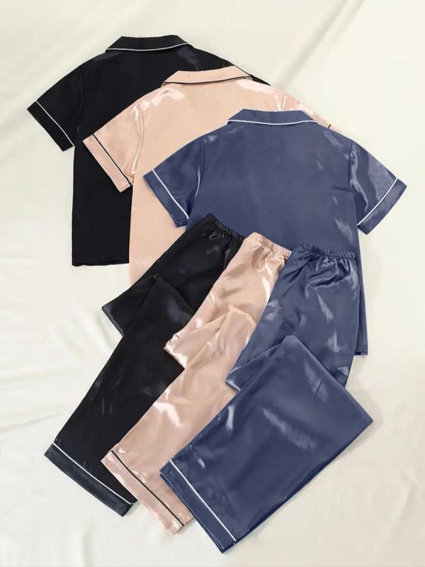 Womenswear Solid Satin Homewear Pyjama Set, Short Sleeve Lapel Neck Pocket Shirt & Elastic Waist Pants PJ Set, Minimalist Comfortable Sleepwear Set for Women